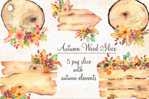 Autumn Wood Slice Clipart in Watercolor and Illustrations