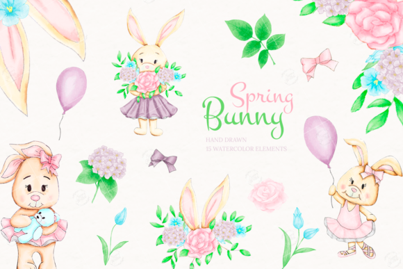 Bunny Flowers Watercolor Clipart and Illustrations