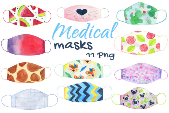 Face Medical Masks Watercolor Illustrations