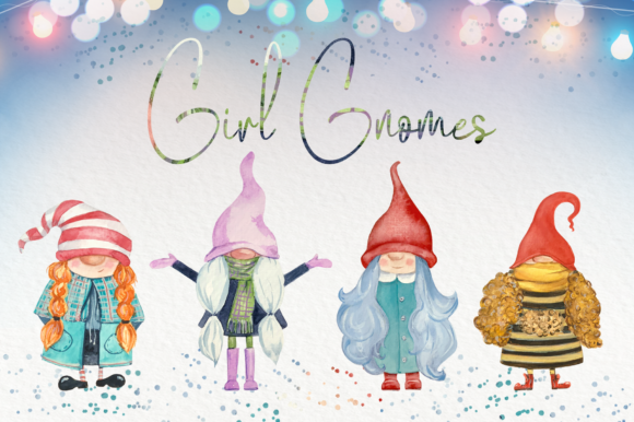 Girl Gnomes Watercolor Clip Art Set and Illustrations