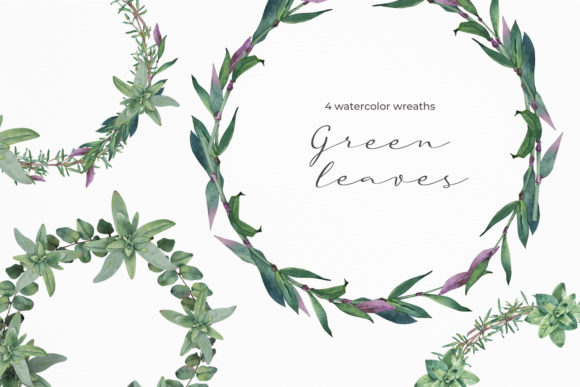 Green Leaves Watercolor Wreaths Illustrations