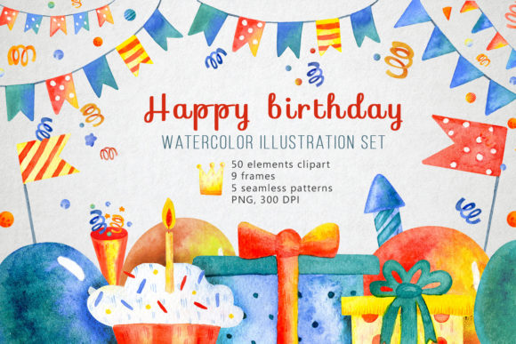 Happy Birthday Watercolor Set Illustrations