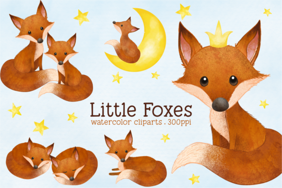Little Fox Watercolor Animal Clip Arts and Illustrations