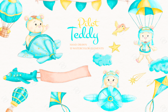 Pilot Teddy Watercolor Clipart and Illustrations