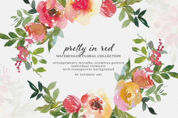 Red and Lemon Watercolor Floral Clipart Illustrations