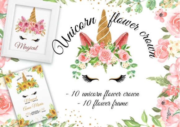 Unicorn Flower Crown Frame Watercolor Illustrations
