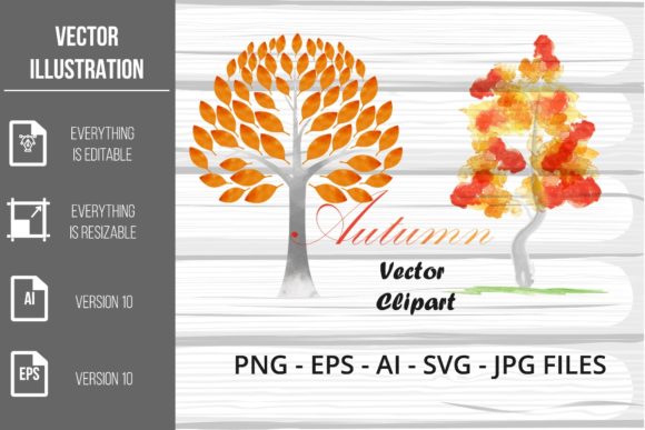 Watercolor Autumn Tree Vector Clipart and Illustrations