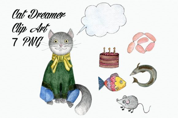 Watercolor Cat Dreamer Clip Art and Illustrations
