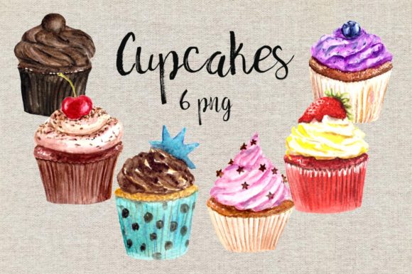 Watercolor Cupcakes Clip Art Set and Illustrations