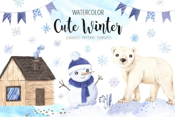 Watercolor Cute Winter Animals Set and Illustrations