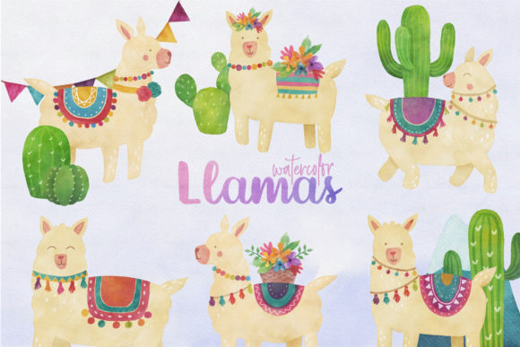 Watercolor Fiesta Llama Clipart and Illustrations