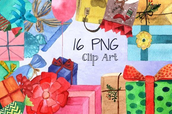 Watercolor Gifts Clip Art Set and Illustrations