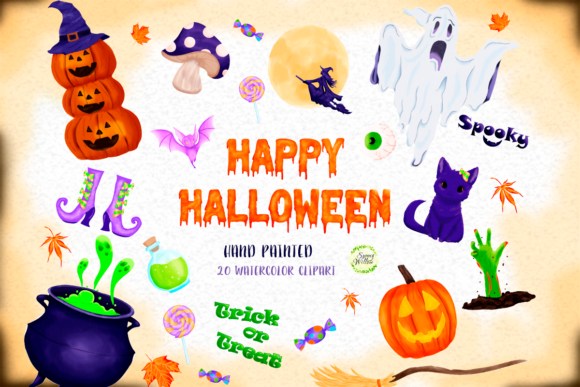 Watercolor Halloween Clipart and Illustrations