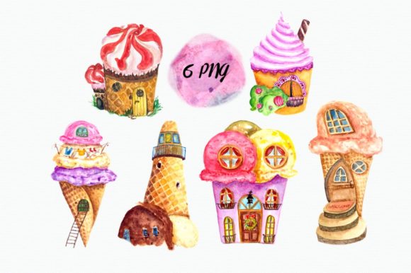 Watercolor Ice Cream Village Clipart and Illustrations