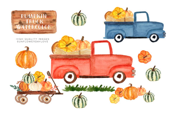 Watercolor Red Truck Pumpkins Clip Art and Illustrations