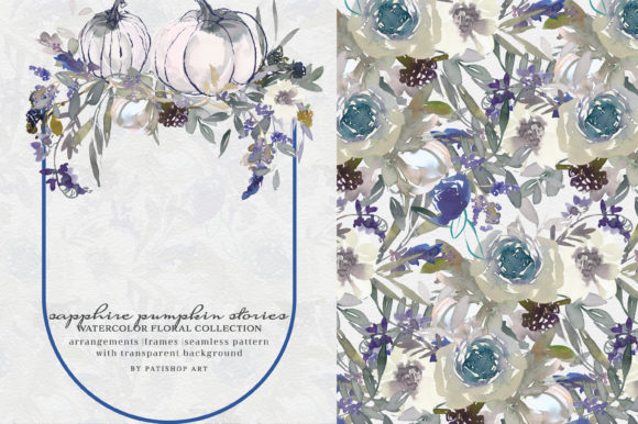 Watercolor Sapphire Pumpkin and Florals Illustrations