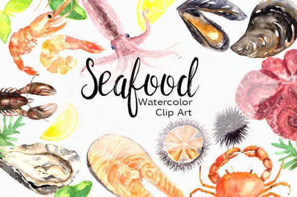 Watercolor Seafood Clip Art Set and Illustrations