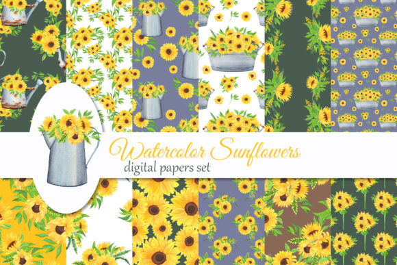 Watercolor Sunflowers Digital Papers and Illustrations