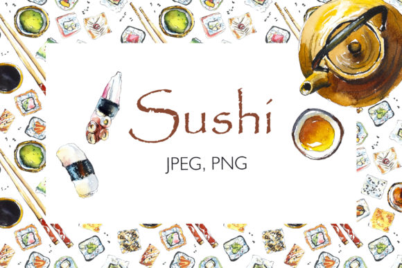 Watercolor Sushi, Roll and Green Tea Illustrations
